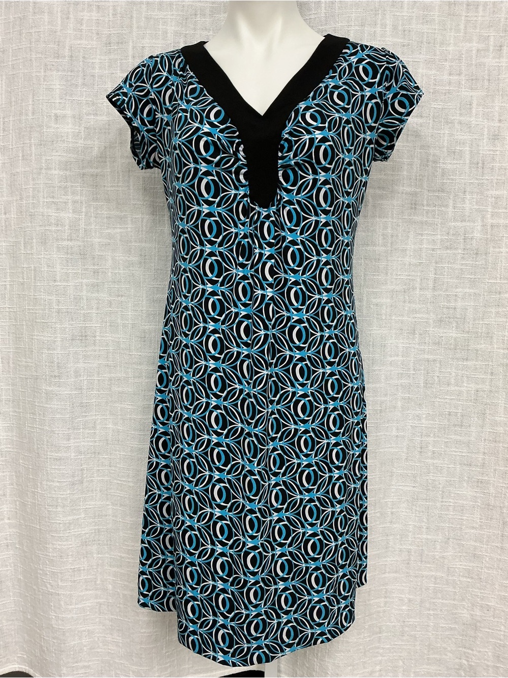 Chico's Black Collar Geometric Print Top with Blue Accents